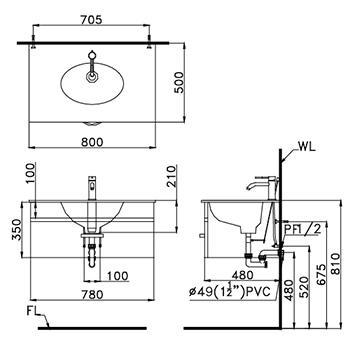 Bản vẽ kích thước chậu rửa mặt Caesar L5026