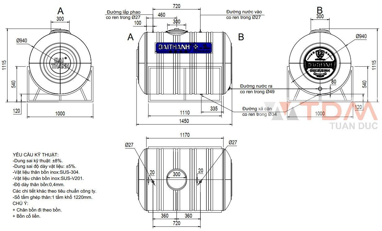 Bản vẽ téc nước inox 1000 lít nằm Đại Thành SUS 304