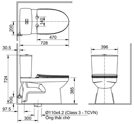 Bản vẽ kích thước bồn cầu INAX C-514A/CW-S15VN