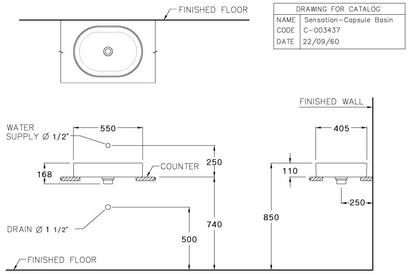 Bản vẽ kỹ thuật chậu lavabo trắng mờ Cotto C00343 MWH