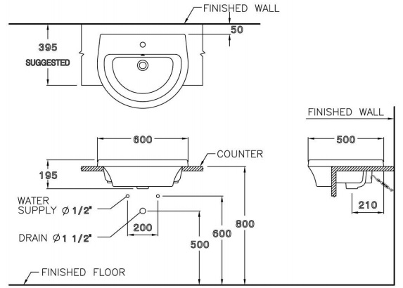 Bản vẽ kỹ thuật chậu lavabo Cotto C02137