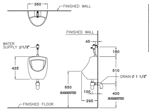 Bản vẽ kỹ thuật Bồn tiểu nam Cotto C3080