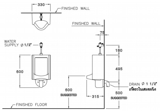 Bản vẽ kỹ thuật Bồn tiểu nam Cotto C313