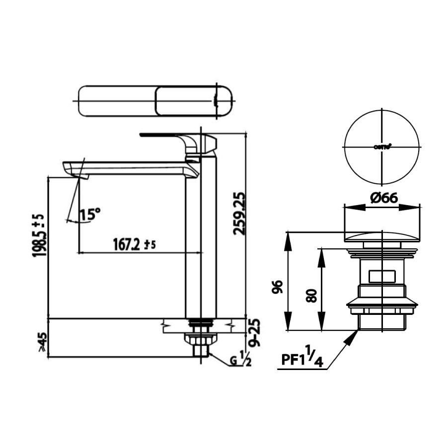 kích thước vòi lạnh Cotto CT1143AY-BL