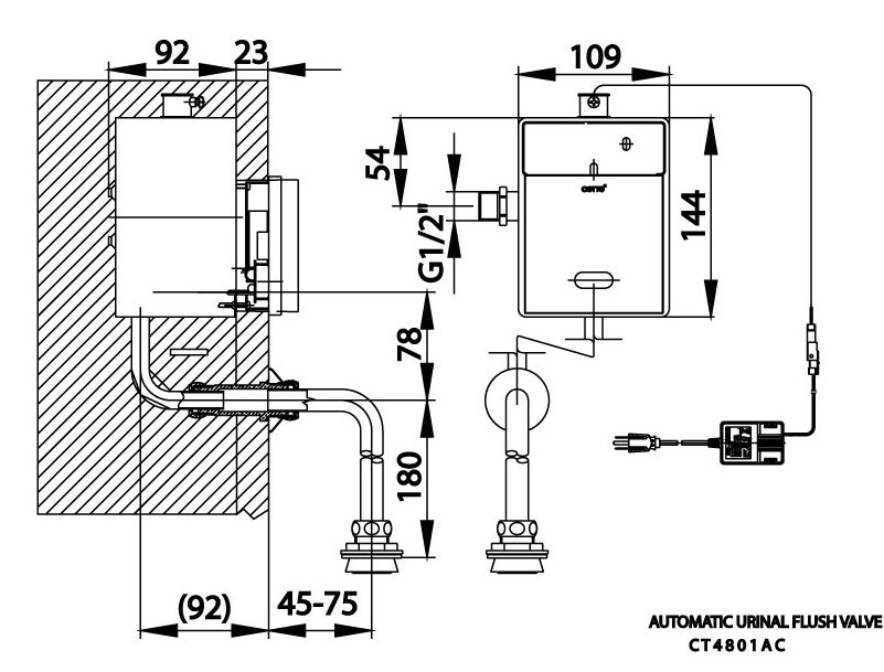 kích thước van xả tiểu CT 4801 AC âm tường