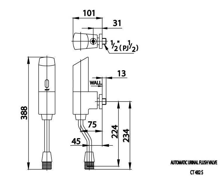 kích thước van xả tiểu cảm ứng dùng pin CT482S