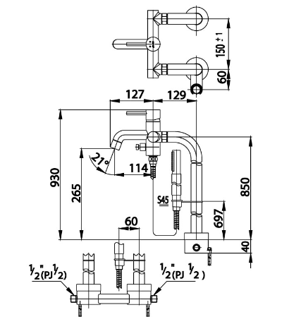 kích thước sen cây bồn tắm Cotto CT338AXS45 đặt sàn