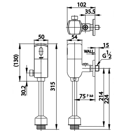 kích thước van xả tiểu cảm ứng dùng pin CT4803P