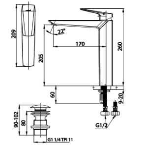 kích thước vòi lavabo CT2322AY Cotto