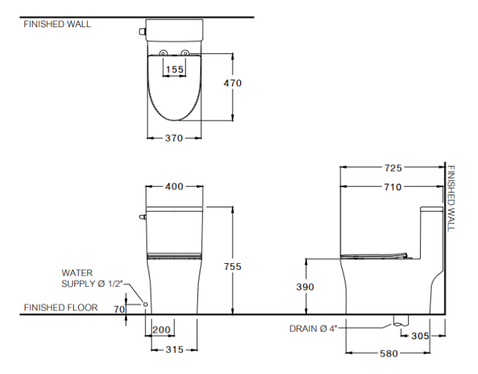 kích thước bồn cầu C105617 Cotto