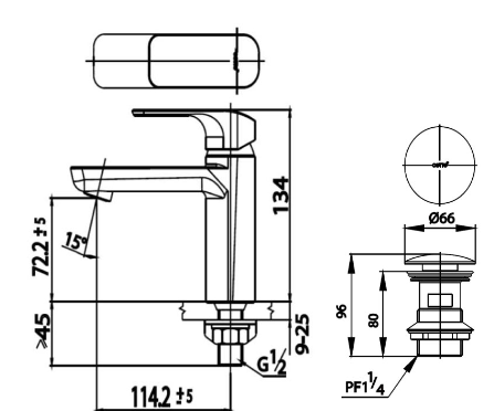 kích thước vòi lavabo CT1142A-GR Cotto