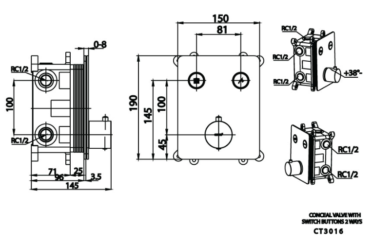 kích thước van điều chỉnh âm tường Cotto CT3016 nhiệt độ