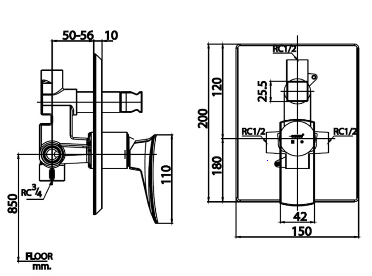 kích thước van điều chỉnh âm tường Cotto CT2194A nóng lạnh