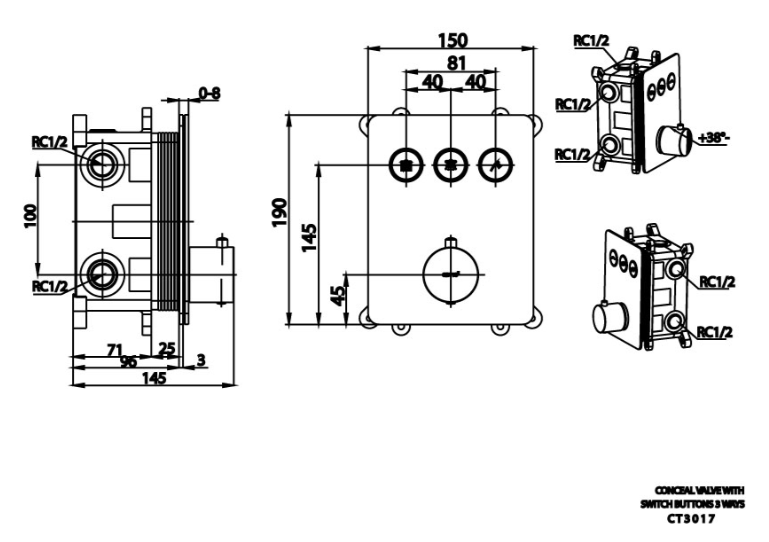 kích thước van điều chỉnh âm tường Cotto CT3017 nhiệt độ