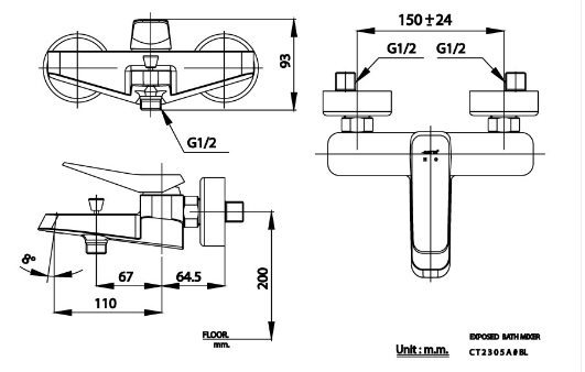 kích thước củ sen CT2305A BL Cotto nóng lạnh