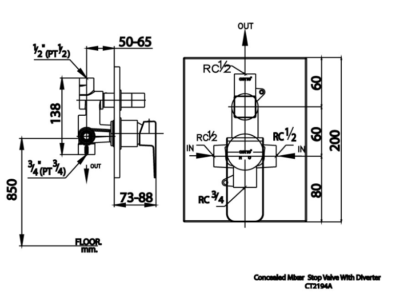 kích thước van điều chỉnh âm tường Cotto CT2194A nóng lạnh