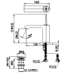 kích thước vòi lavabo CT2201J Cotto