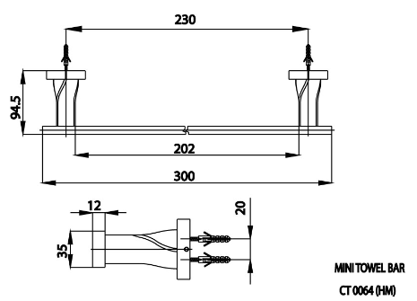 kích thước thanh treo khăn Cotto  CT0064-BL(HM)