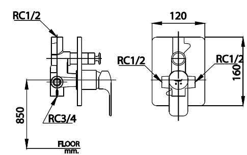 kích thước van âm tường CT2145A BL  Cotto nóng lạnh 