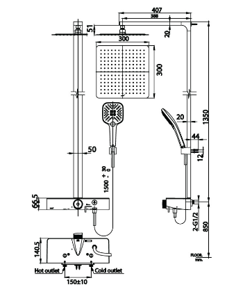 kích thước sen cây nhiệt độ CT2307W Cotto