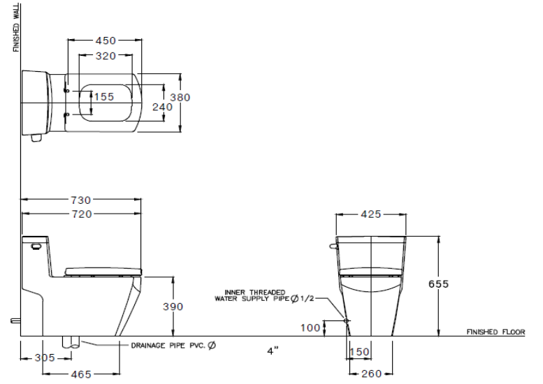 kích thước bồn cầu C107147 1 khối Cotto