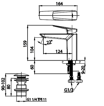 kích thước vòi lavabo CT2321A Cotto