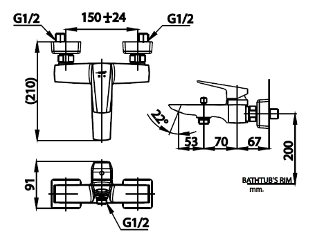 kích thước củ sen tắm COTTO CT2325A nóng lạnh gắn tường