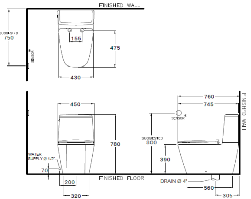 kích thước bồn cầu C135137 Cotto 2 khối