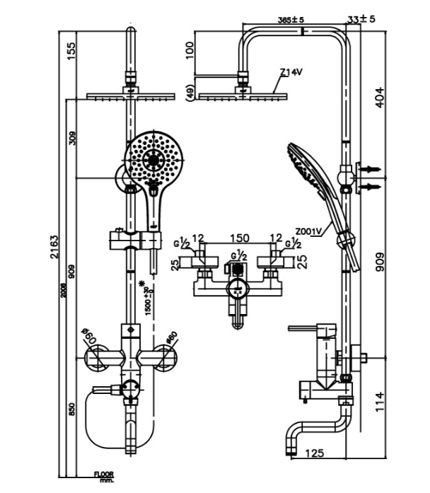 kích thước sen cây nóng lạnh CT5101W Cotto