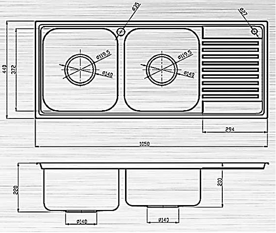 Bản vẽ kỹ thuật chậu rửa bát inox S105D Sơn Hà