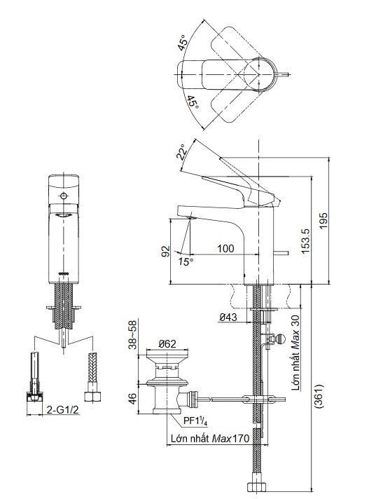 Bản vẽ vòi rửa mặt TOTO TTLR302F-1N nóng lạnh