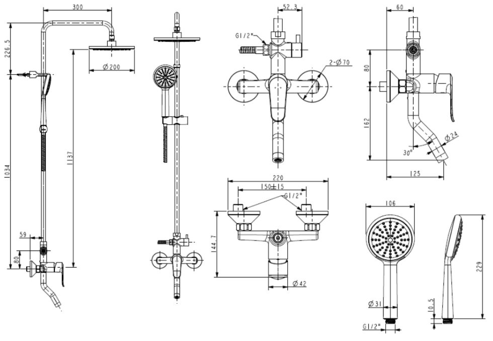 Bản vẽ kích thước sen tắm cây American Standard WF9088