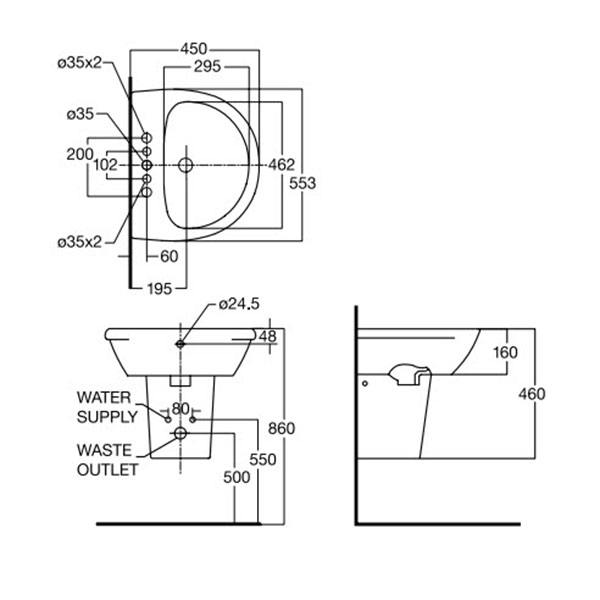 Bản vẽ chậu rửa mặt American 0953-WT 0712-WT