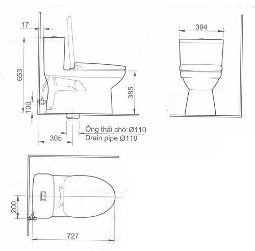 Bản vẽ kích thước bồn cầu nắp rửa cơ Inax AC-969+CW-S32VN-1/BW1