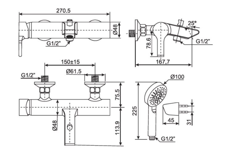 Bản vẽ kích thước vòi hoa sen American Standard WF-3911