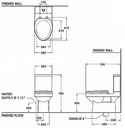 Bản vẽ kích thước bồn cầu C1182(CN1) COTTO