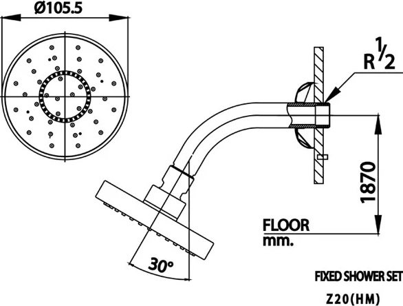 kích thước bát sen gắn tường Z20 HM Cotto