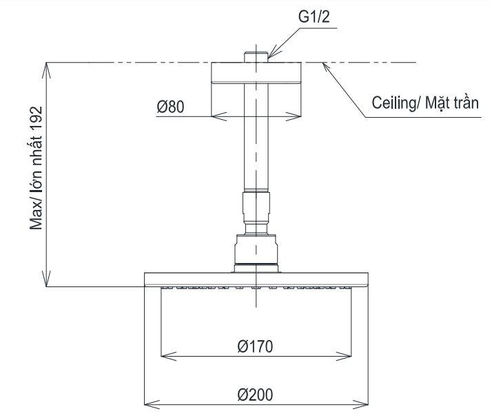 Bản vẽ bát sen tắm TBW 07001A1 TOTO gắn trần 200 mm