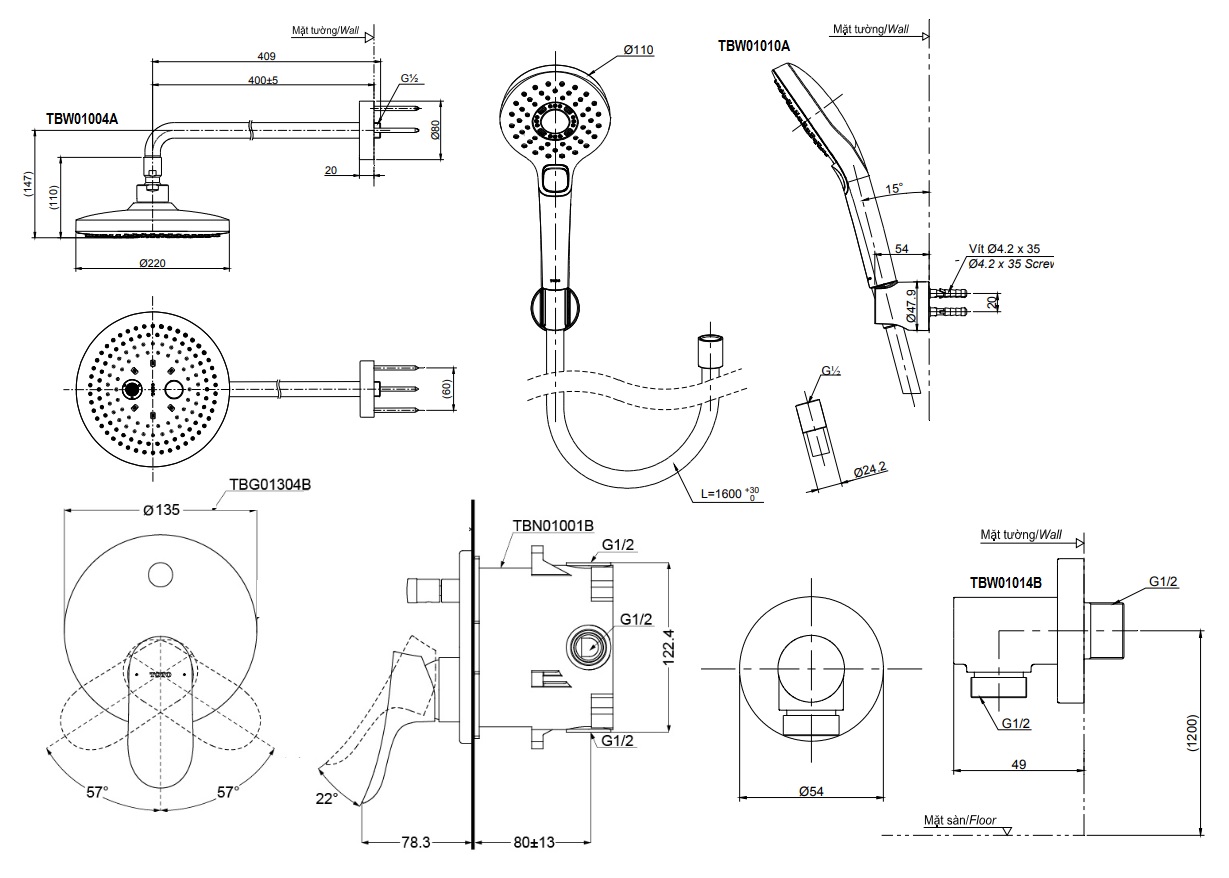 bản vẽ bộ vòi sen TOTO TBG01304B/TBW01004A/TBW01010A âm tường