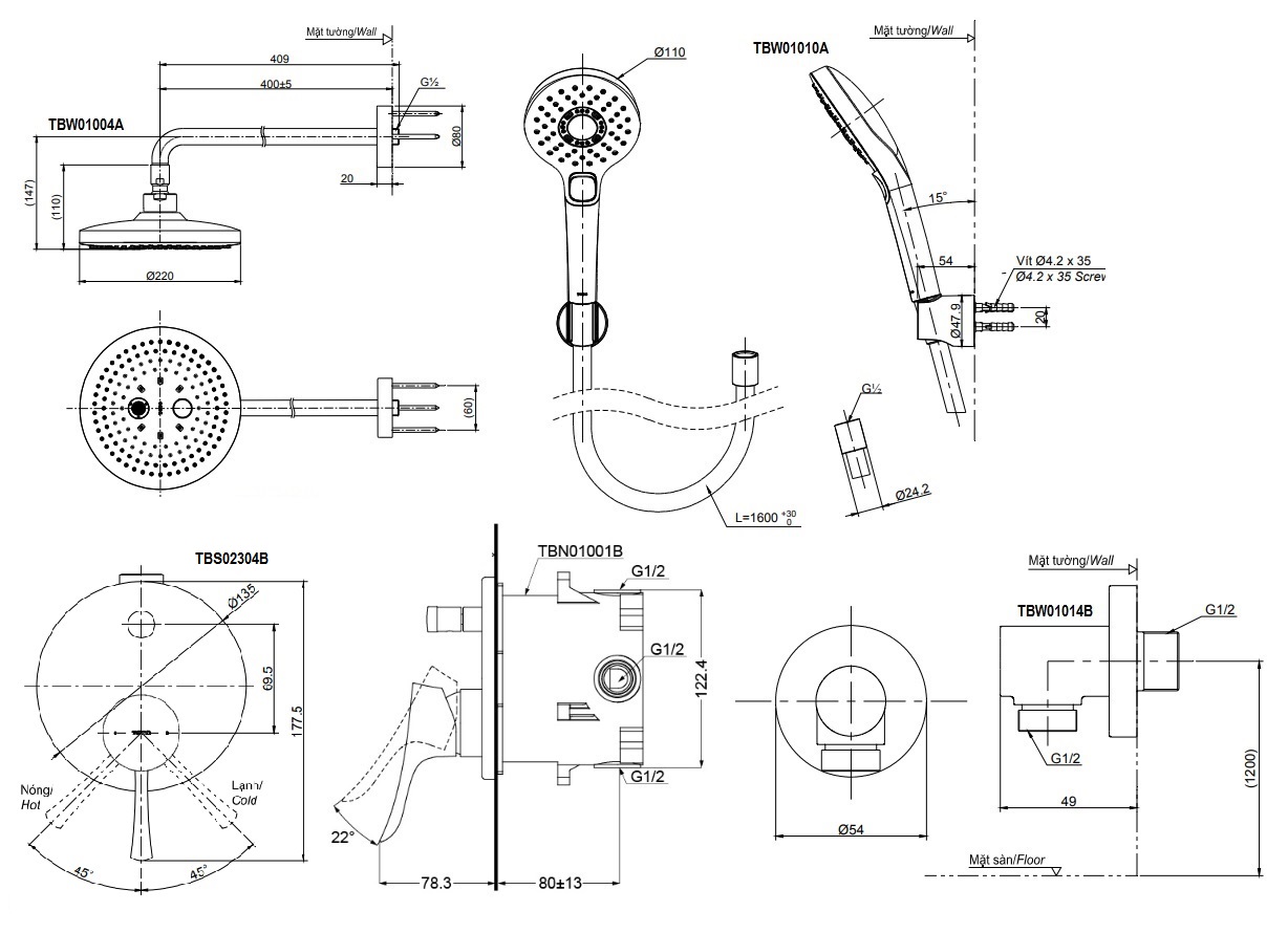 bản vẽ vòi sen TOTO TBS02304B/TBW01004A/TBW01010A âm tường