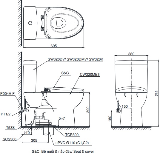 Bản vẽ kỹ thuật xí bệt TOTO CS320DRT2