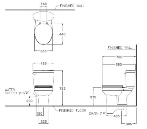 Bản vẽ bồn cầu C1444 COTTO dòng SHARON 2 khối