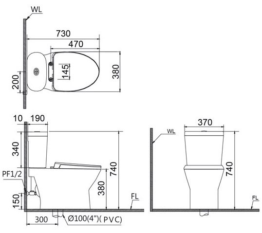 Bản vẽ bồn cầu caesar CD1320 nắp rửa TAF400H