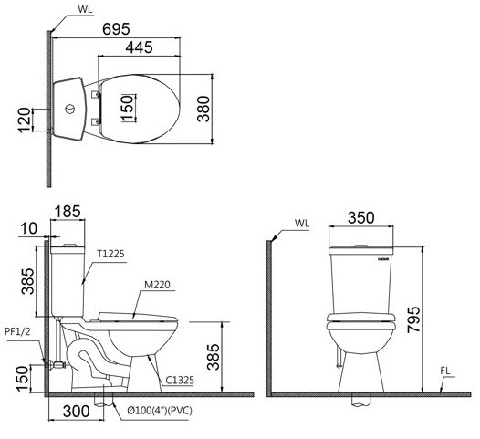 Bản vẽ kích thước bồn cầu CD1325 nắp rửa cơ TAF050 Caesar