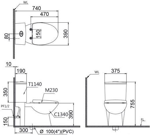 Bản vẽ kích thước bồn cầu caesar CD1340 nắp TAF050