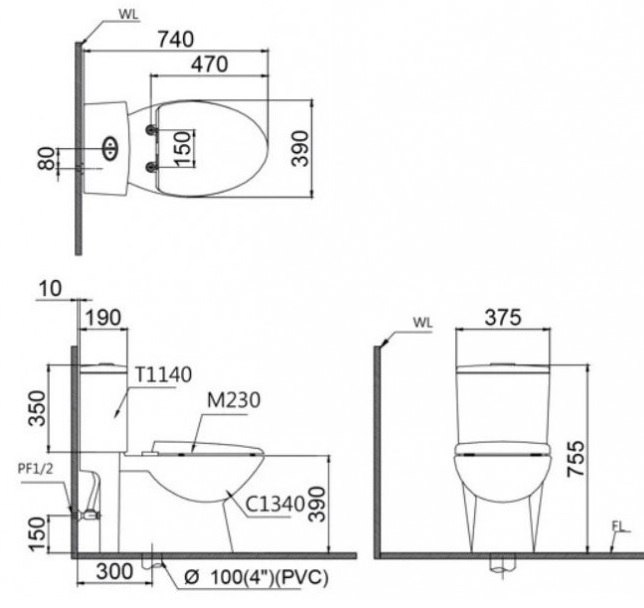 Bản vẽ kích thước bồn cầu caesar CD1340/TAF060