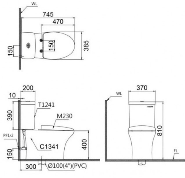 Bản vẽ kích thước bồn cầu Caesar CD1341+TAF060