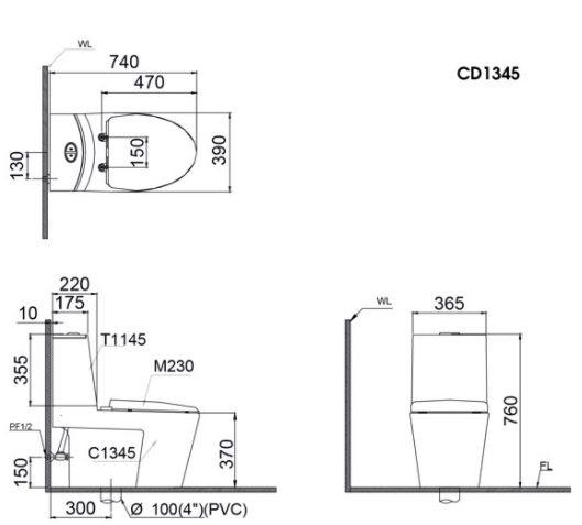 Bản vẽ kích thước bồn cầu CD1345 nắp rửa điện tử TAF400H Caesar