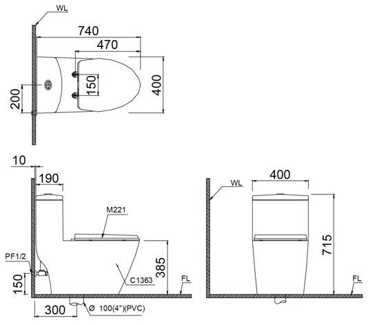 Bản vẽ kích thước bồn cầu CD1363 nắp rửa TAF200H