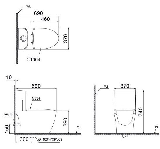 Bản vẽ kích thước bồn cầu CD1364 + nắp TAF400H